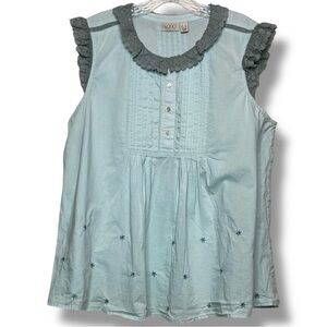 LOGO Lori Goldstein Cotton Blue Pintuck Lace Flutter Sleeve Embroidered Top L